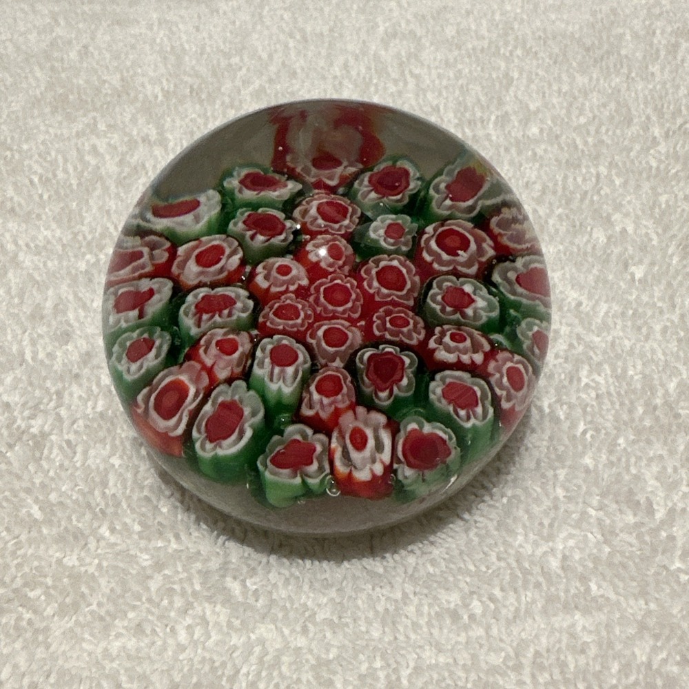 Art Deco Glass Paperweight 2x2.5" Millefiori Style Multicolor Flower Red Green